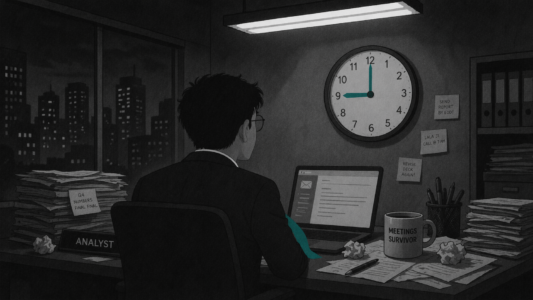 Illustrated worker seen from behind sitting at a cluttered office desk late at night, facing a wall clock showing 9 PM. Dark city skyline visible through the window. The scene depicts a typical work expectation in Indian companies following the 9-9-6 work culture.