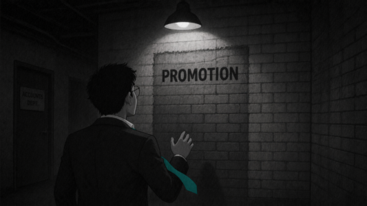 An illustrated worker seen from behind in a dark corporate India office corridor, reaching toward the word PROMOTION painted directly onto a brick wall with no door handle or frame. A single overhead lamp illuminates the scene. A sign reading Accounts Dept is visible to the left.