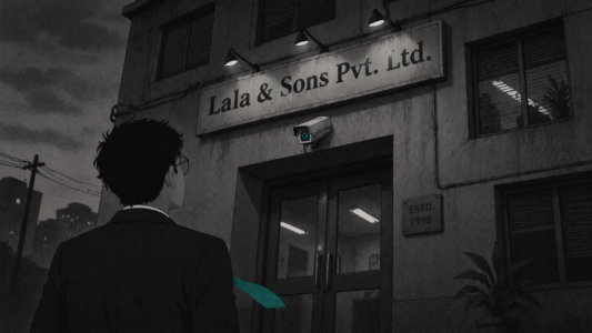 Illustrated figure in dark suit with teal tie standing before a rundown office building with a sign reading Lala and Sons Pvt Ltd and a surveillance camera above the entrance.